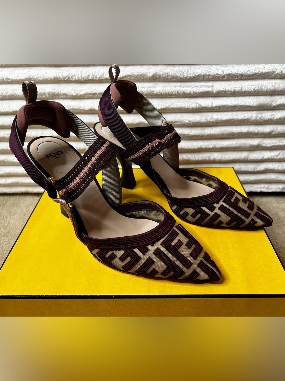 Fendi Plum/pink and Beige FF Logo Pointed Slingback Heels